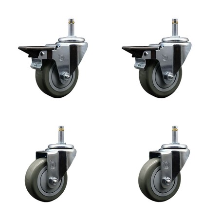 Service Caster 3.5'' Gray Poly Wheel Swivel 7/16'' Grip Ring Stem Caster Set 2 Brakes, 4PK SCC-GR20S3514-PPUB-PLB-716138-2-S-2